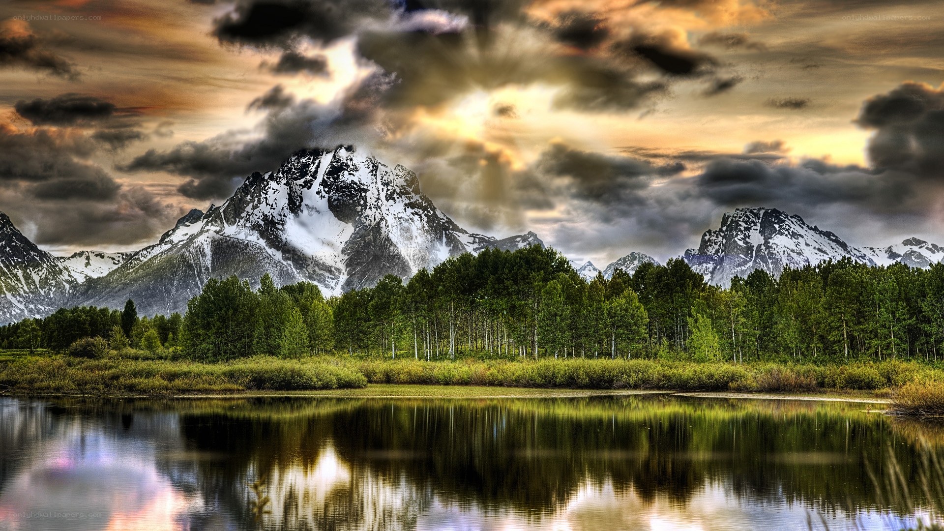 Mountain lake at sunset