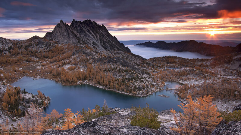 Mountain lake at sunset