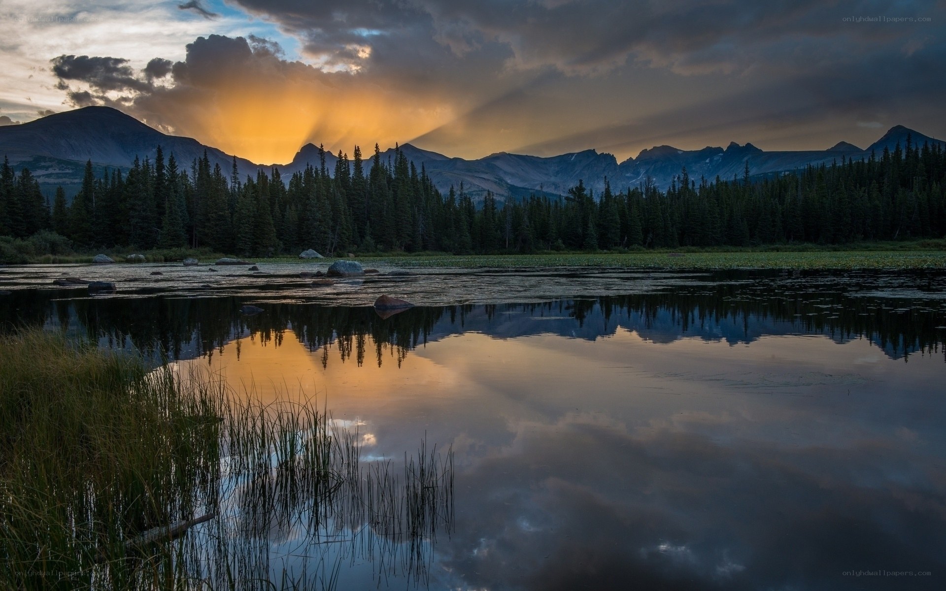 Mountain lake at sunset