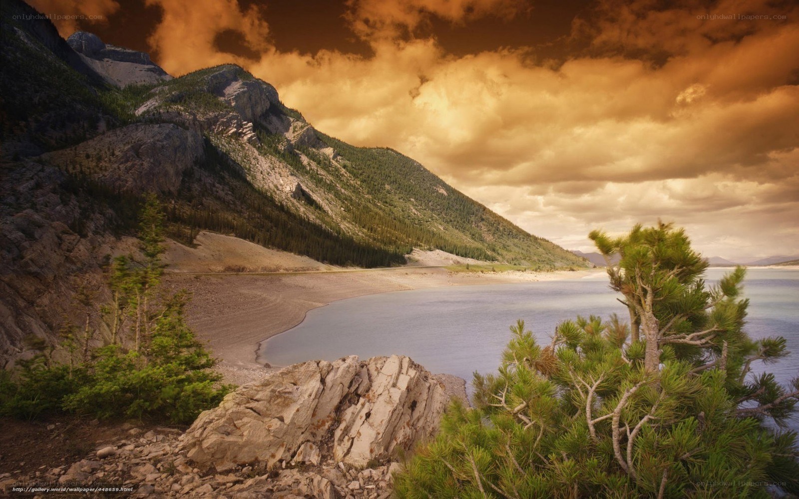 Mountain lake at sunset