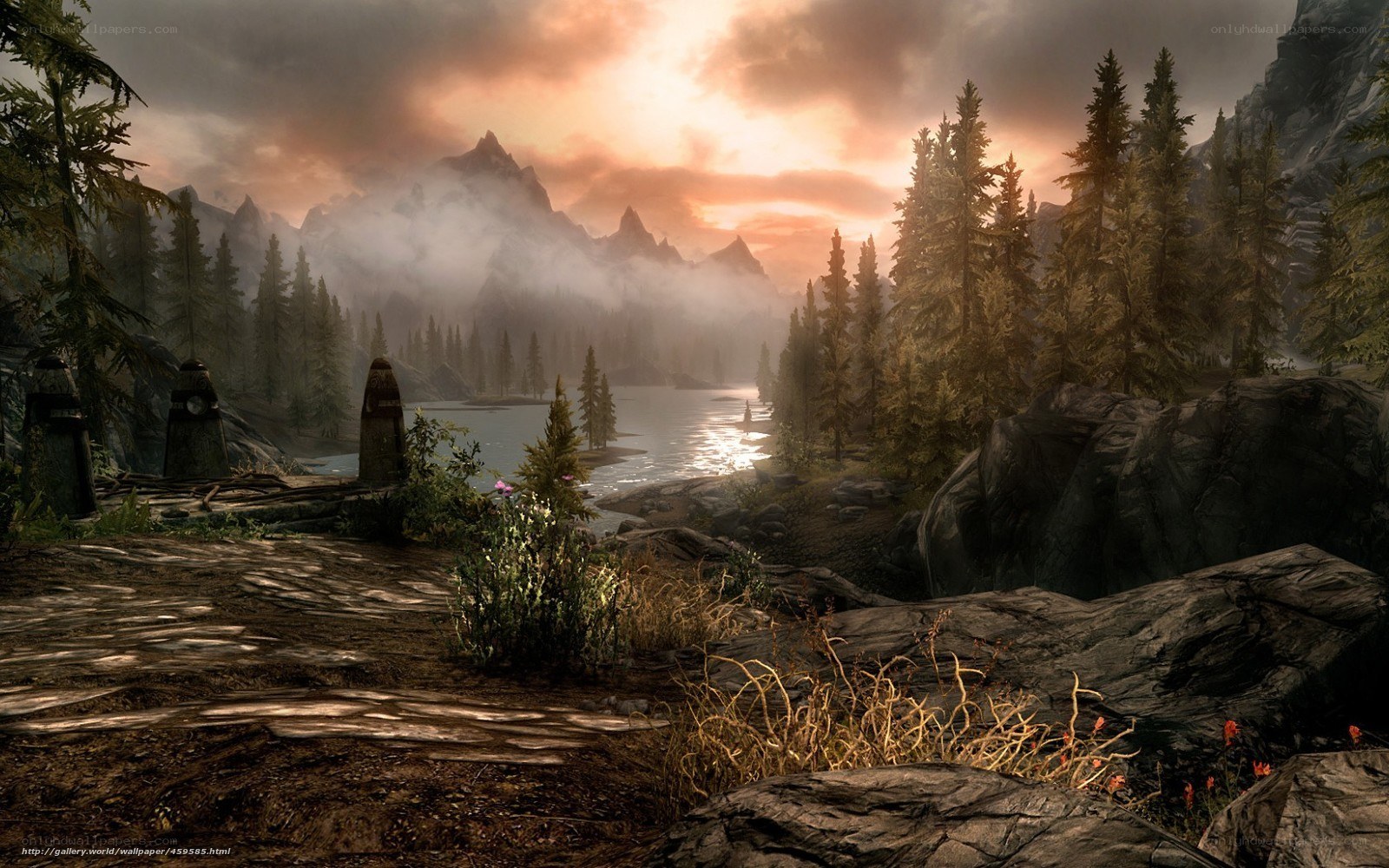 mountain lake at sunset