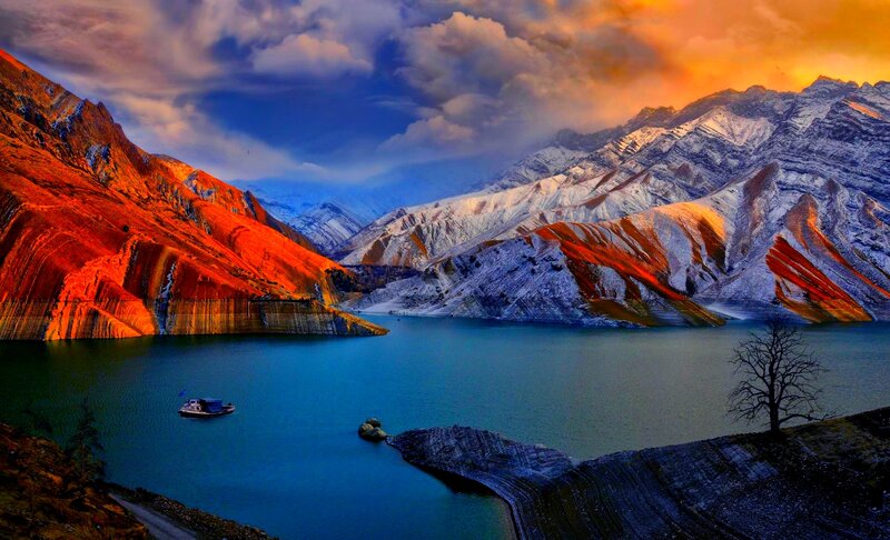 Mountain Lake at Sunset — Blue, Dramatic, Photograph, Boat