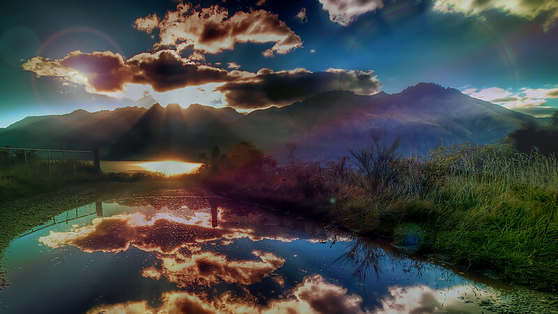 Mountain Lake at Sunset — Blue, Dramatic, Photograph, Clouds, Mountains