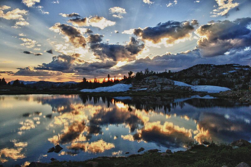 Mountain Lake at Sunset — Blue, Dramatic, Photograph, Clouds, Snow Patches