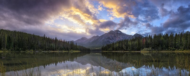 Mountain Lake at Sunset — Blue, Dramatic, Photograph, Forest, Clouds