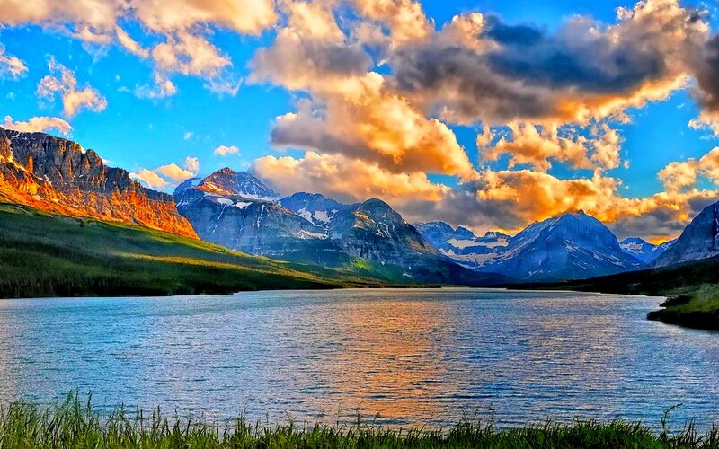 Mountain Lake at Sunset — Blue, Dramatic, Photograph, Mountains, Clouds, Grass