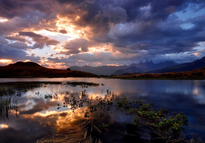 Mountain Lake at Sunset — Blue, Dramatic, Photograph, Mountains, Clouds, Plants