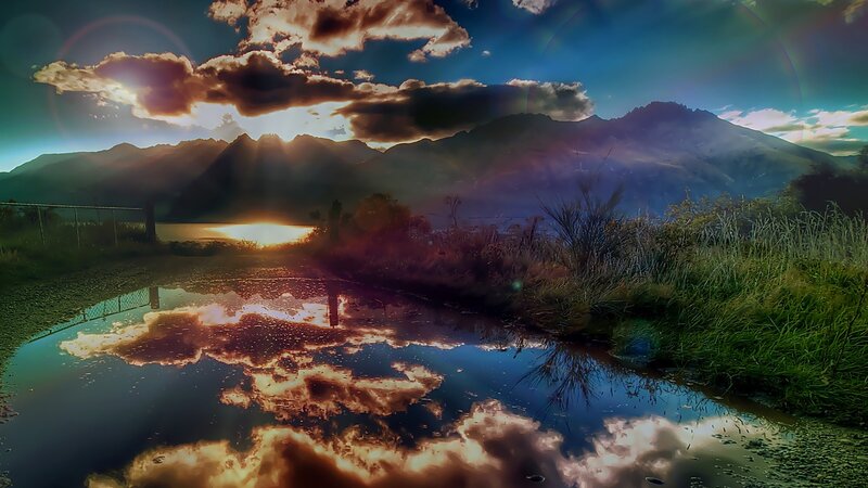 Mountain Lake at Sunset — Blue, Dramatic, Photograph, Mountains, Clouds, Puddle, Orange