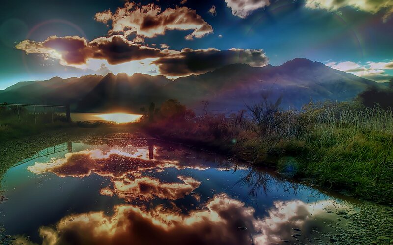 Mountain Lake at Sunset — Blue, Dramatic, Photograph, Mountains, Clouds, Puddle