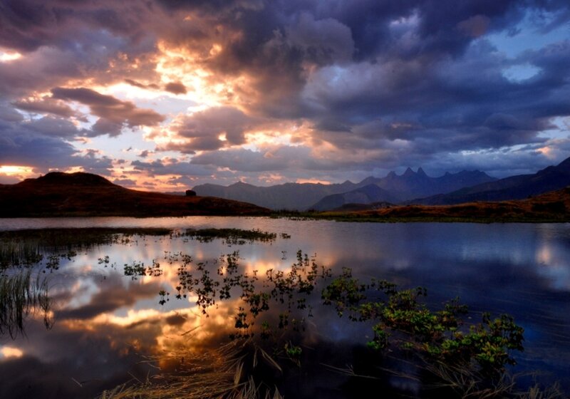 Mountain Lake at Sunset — Blue, Dramatic, Photograph, Mountains, Clouds, Reflection