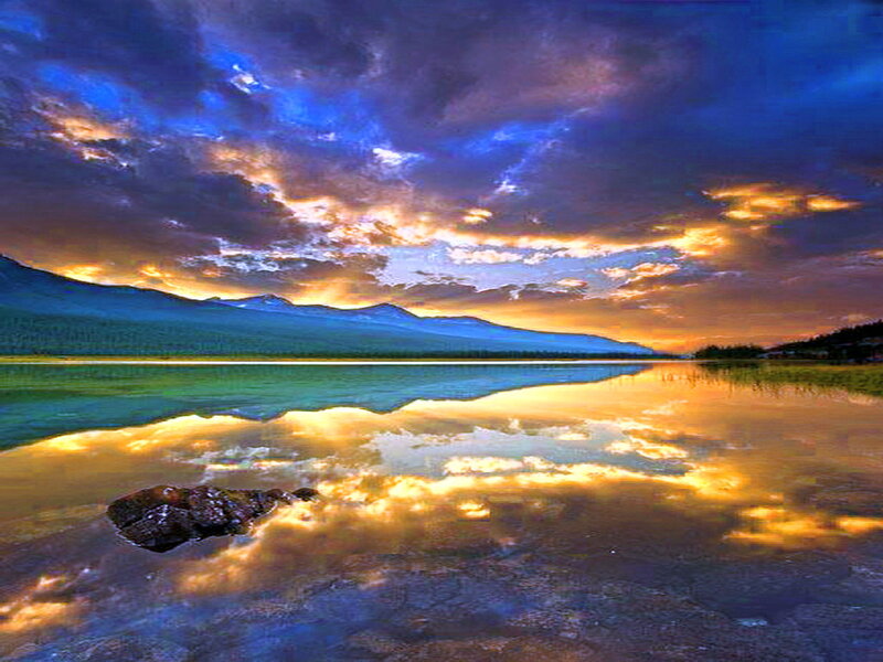 Mountain Lake at Sunset — Blue, Dramatic, Photograph, Mountains, Clouds, Rock