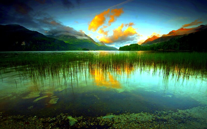 Mountain Lake at Sunset — Blue, Dramatic, Photograph, Mountains, Clouds