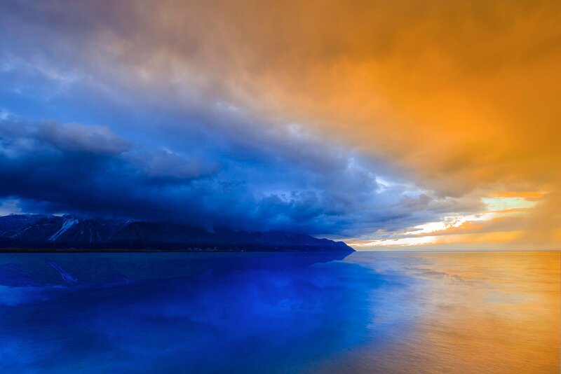 Mountain Lake at Sunset — Blue, Dramatic, Photograph, Mountains, Clouds, Water