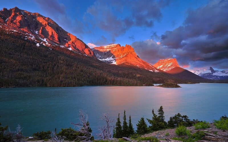 Mountain Lake at Sunset — Blue, Dramatic, Photograph, Mountains, Forest, Clouds, Island, Orange, Green