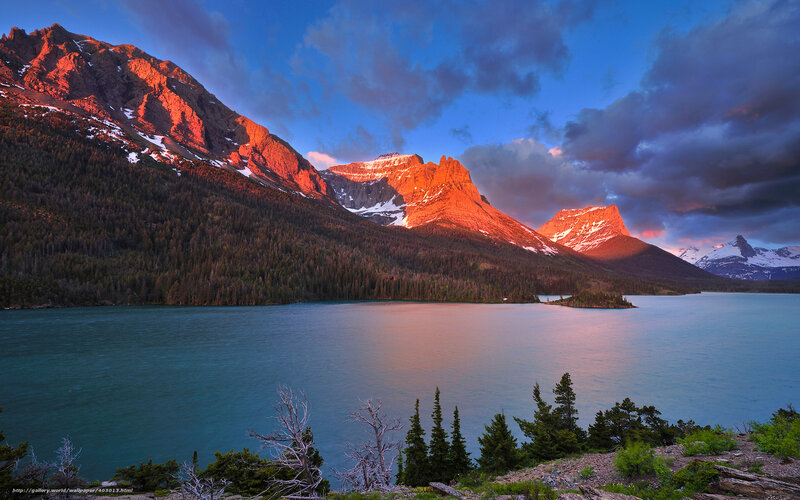 Mountain Lake at Sunset — Blue, Dramatic, Photograph, Mountains, Forest, Clouds, Island