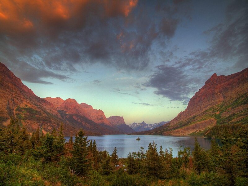 Mountain Lake at Sunset — Blue, Dramatic, Photograph, Mountains, Forest, Clouds