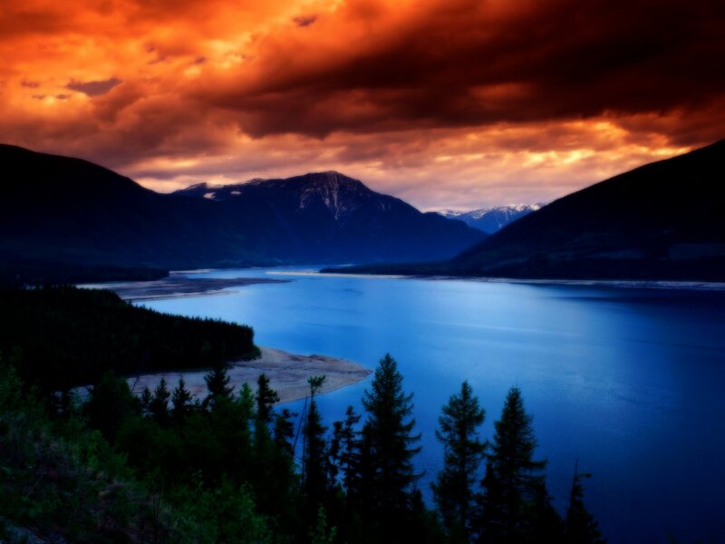 Mountain Lake at Sunset — Blue, Dramatic, Photograph, Mountains, Forest, Sky, Orange, Black