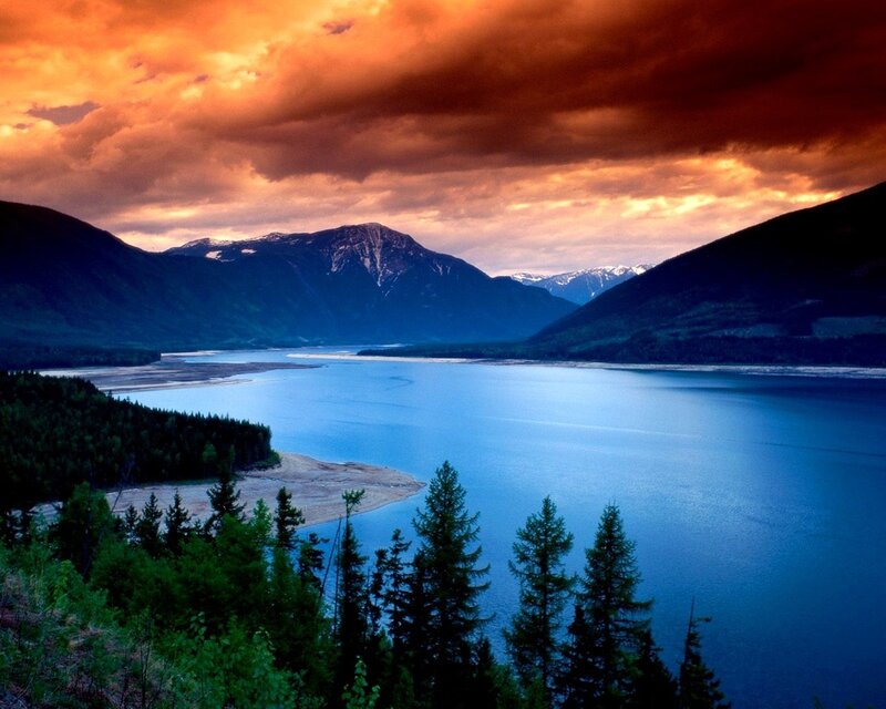 Mountain Lake at Sunset — Blue, Dramatic, Photograph, Mountains, Forest