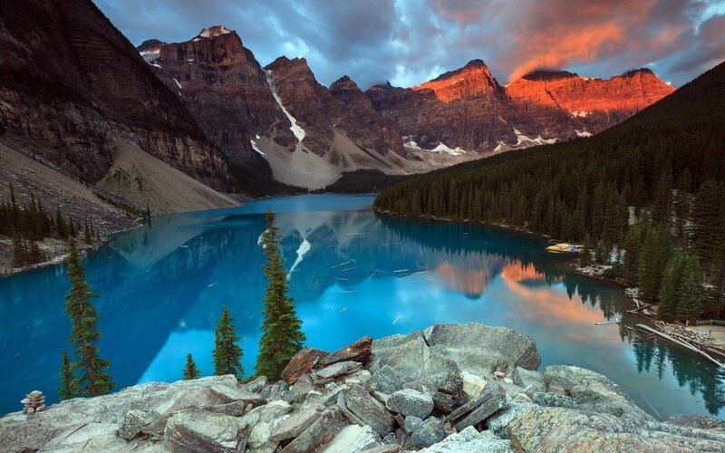 Mountain Lake at Sunset — Blue, Dramatic, Photograph, Mountains, Forest, Trees, Rocks