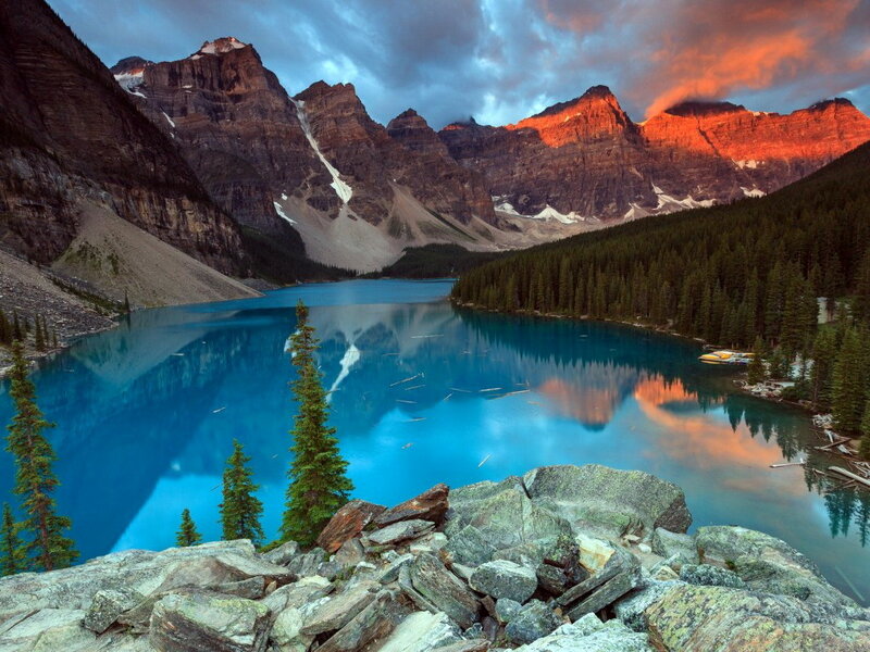 Mountain Lake at Sunset — Blue, Dramatic, Photograph, Mountains, Forest, Trees