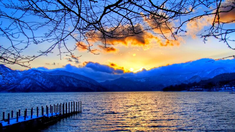 Mountain Lake at Sunset — Blue, Dramatic, Photograph, Mountains, Pier