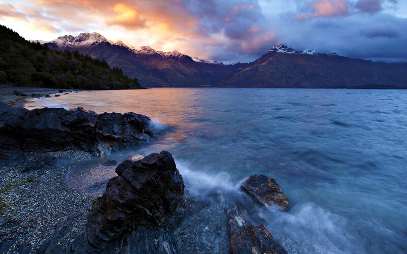 Mountain Lake at Sunset — Blue, Dramatic, Photograph, Mountains, Rocks