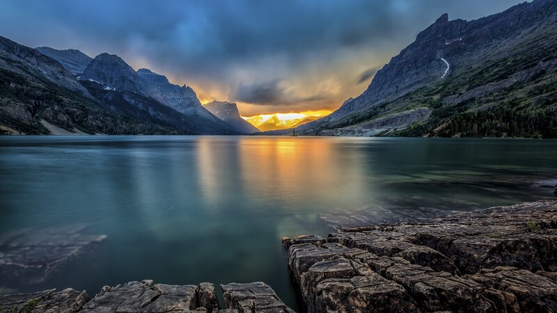 Mountain Lake at Sunset — Blue, Dramatic, Photograph, Mountains, Sky