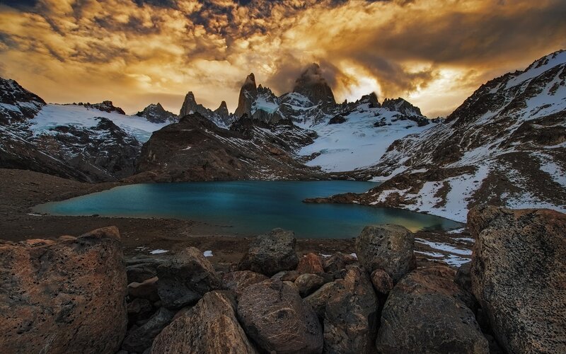 Mountain Lake at Sunset — Blue, Dramatic, Photograph, Mountains, Snow, Clouds