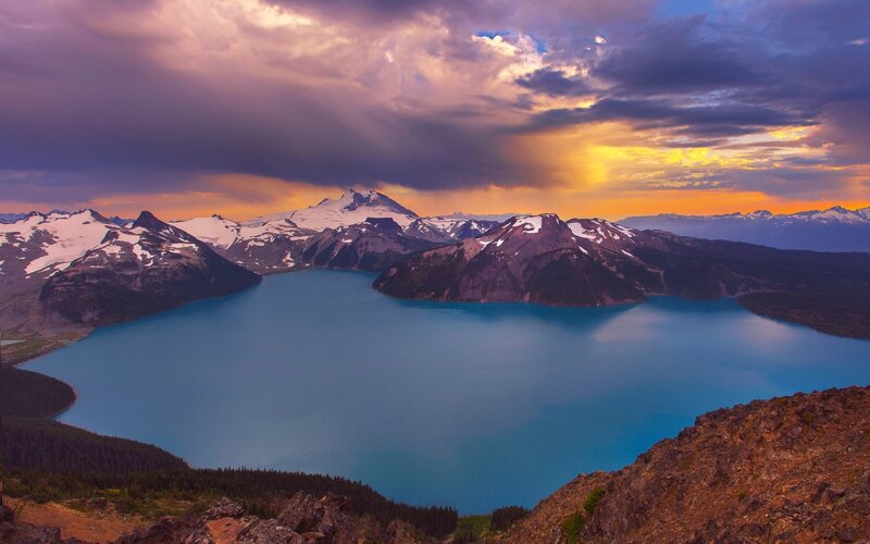 Mountain Lake at Sunset — Blue, Dramatic, Photograph, Mountains, Snow