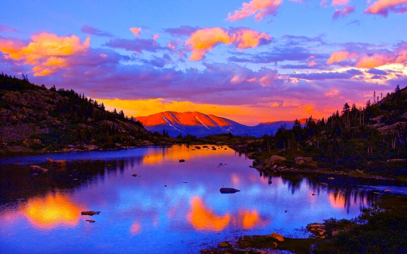 Mountain Lake at Sunset — Blue, Dramatic, Photograph, Mountains, Trees, Clouds