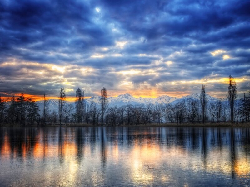 Mountain Lake at Sunset — Blue, Dramatic, Photograph, Mountains, Trees, Sky