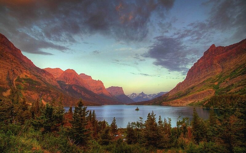 Mountain Lake at Sunset — Blue, Dramatic, Photograph, Mountains, Trees