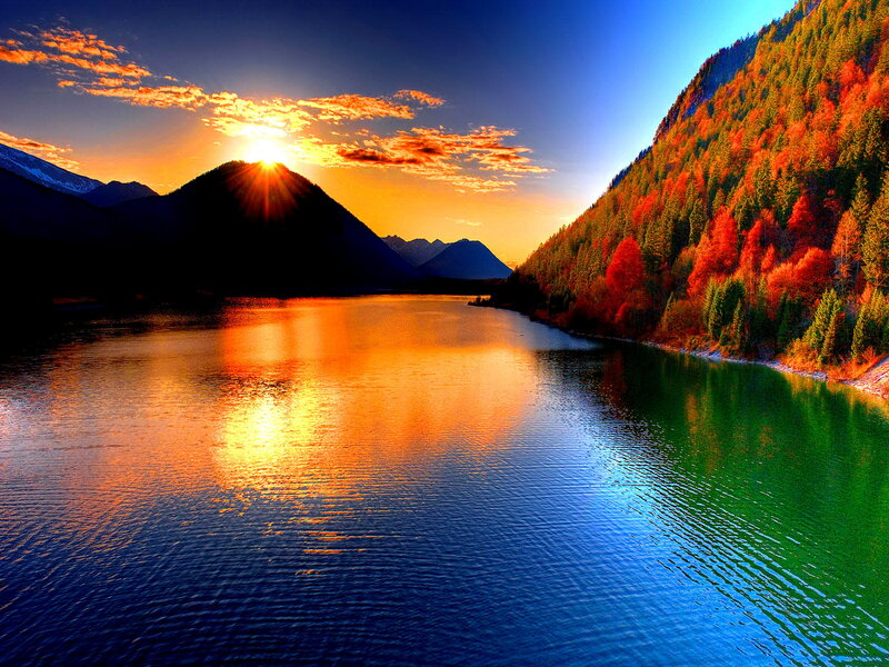 Mountain Lake at Sunset — Blue, Dramatic, Photograph, Sun
