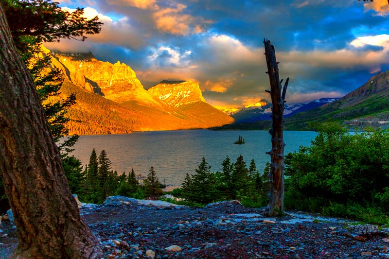 Mountain Lake at Sunset — Blue, Dramatic, Photograph, Trees
