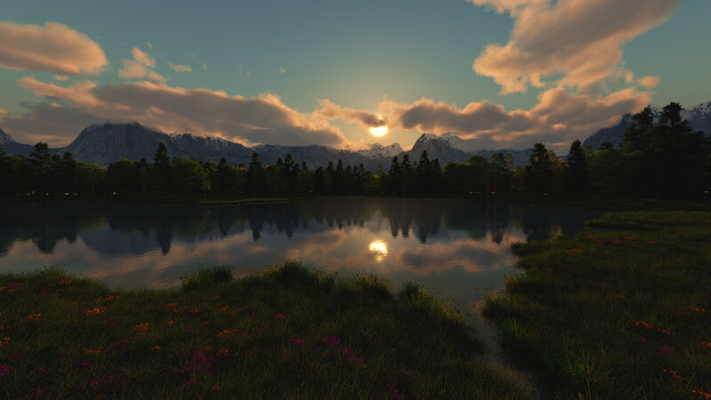 Mountain Lake at Sunset — Blue, Serene, 3d Render