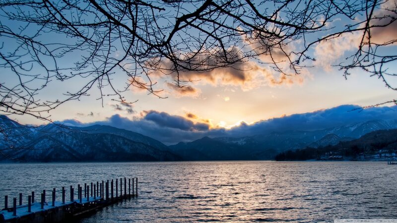 Mountain Lake at Sunset — Blue, Serene, Photograph, Bare Branches