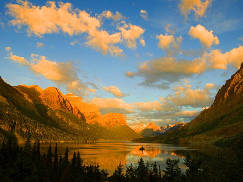 Mountain Lake at Sunset — Blue, Serene, Photograph, Mountains, Clouds