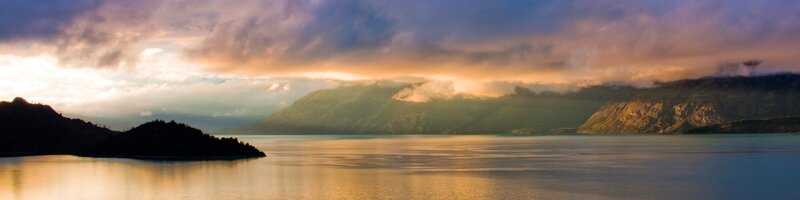 Mountain Lake at Sunset — Blue, Serene, Photograph, Mountains, Clouds, Water