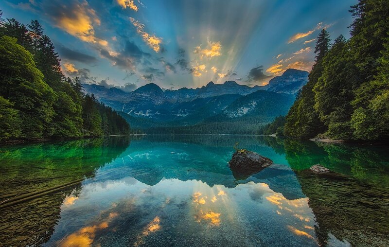 Mountain Lake at Sunset — Blue, Serene, Photograph, Mountains, Forest, Rock
