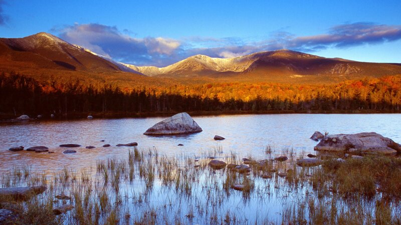 Mountain Lake at Sunset — Blue, Serene, Photograph, Mountains, Forest, Rocks, Orange