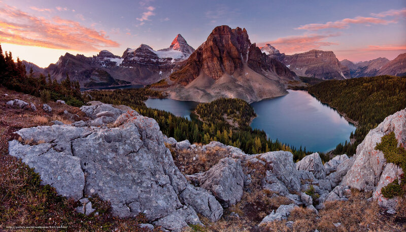 Mountain Lake at Sunset — Blue, Serene, Photograph, Mountains, Forest, Rocks