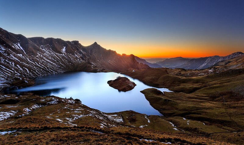 Mountain Lake at Sunset — Blue, Serene, Photograph, Mountains, Island