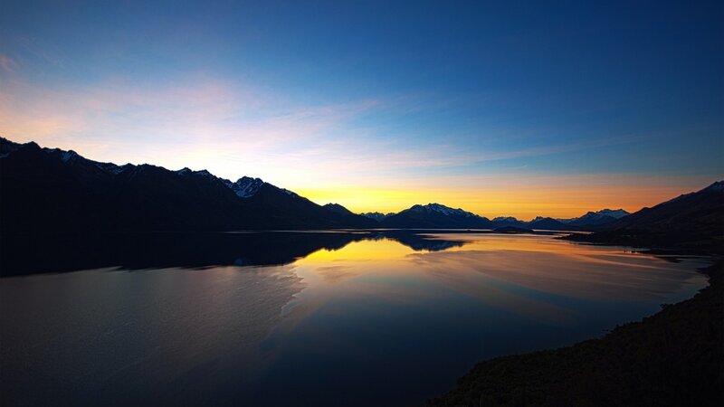Mountain Lake at Sunset — Blue, Serene, Photograph, Mountains, Sky