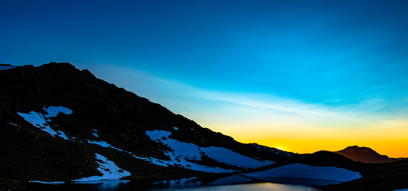 Mountain Lake at Sunset — Blue, Serene, Photograph, Mountains, Snow