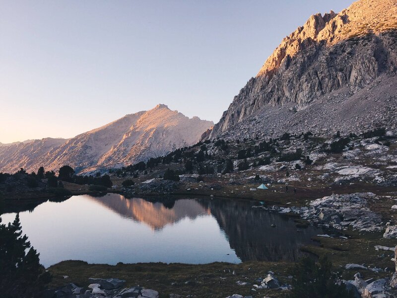 Mountain Lake at Sunset — Blue, Serene, Photograph, Mountains, Tent