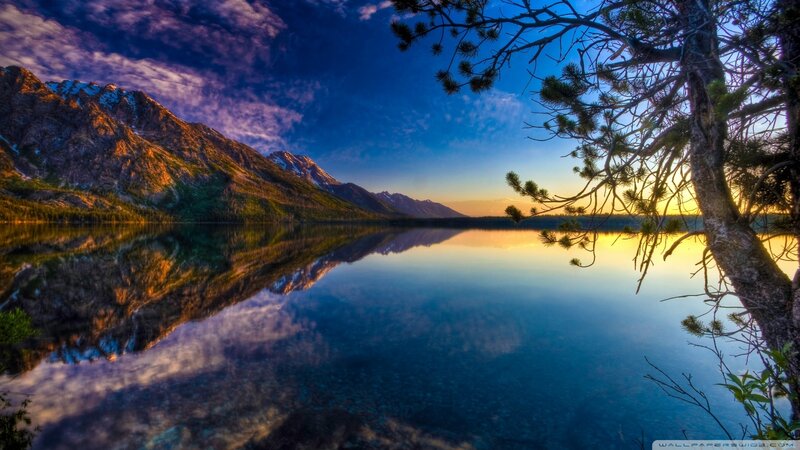 Mountain Lake at Sunset — Blue, Serene, Photograph, Mountains, Tree