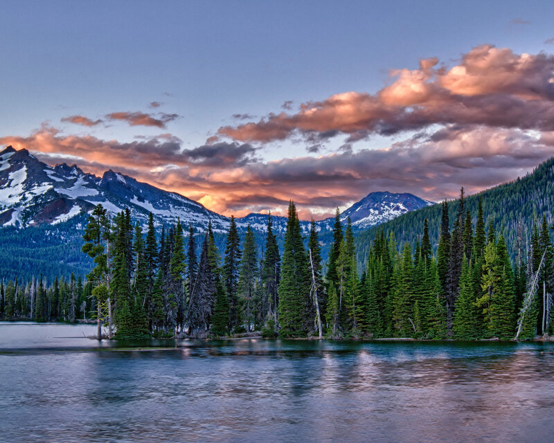 Mountain Lake at Sunset — Blue, Serene, Photograph, Mountains, Trees, Clouds