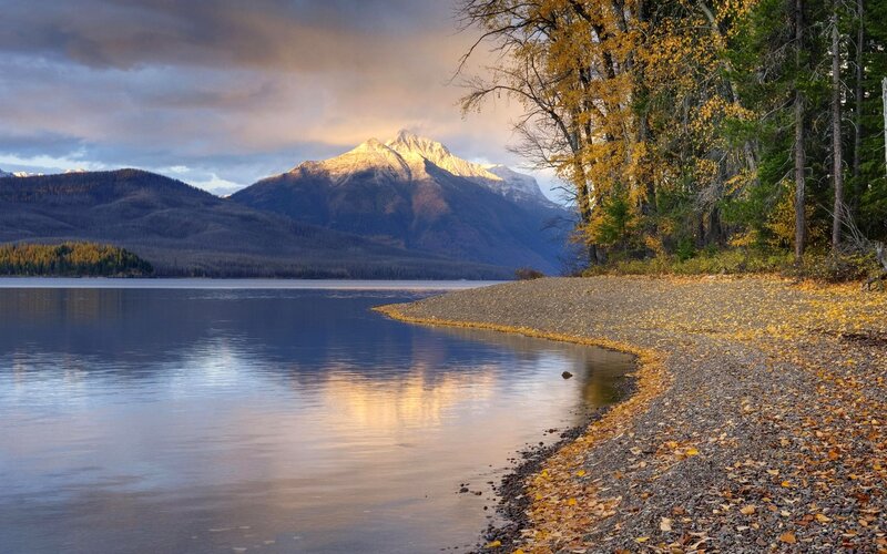 Mountain Lake at Sunset — Blue, Serene, Photograph, Mountains, Trees, Fallen Leaves