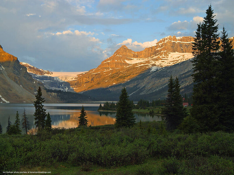 Mountain Lake at Sunset — Blue, Serene, Photograph, Mountains, Trees, Green