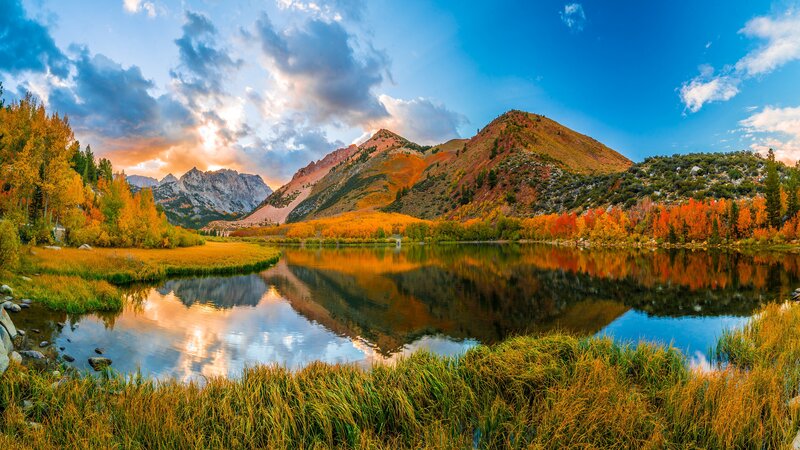 Mountain Lake at Sunset — Blue, Serene, Photograph, Mountains, Trees, Reflection